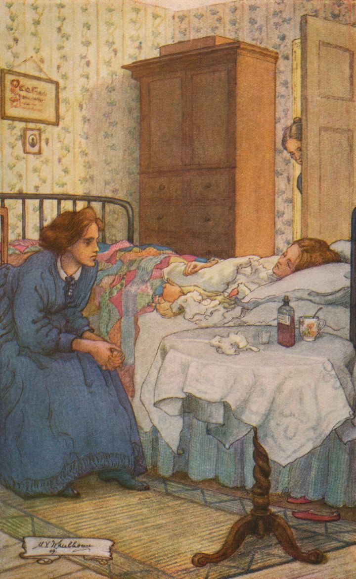 Jo at Beth’s sickbed, in a Little Women illustration by M.V. Wheelhouse.