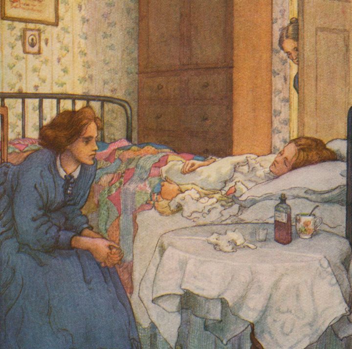 Jo at Beth’s sickbed, in a Little Women illustration by M.V. Wheelhouse.
