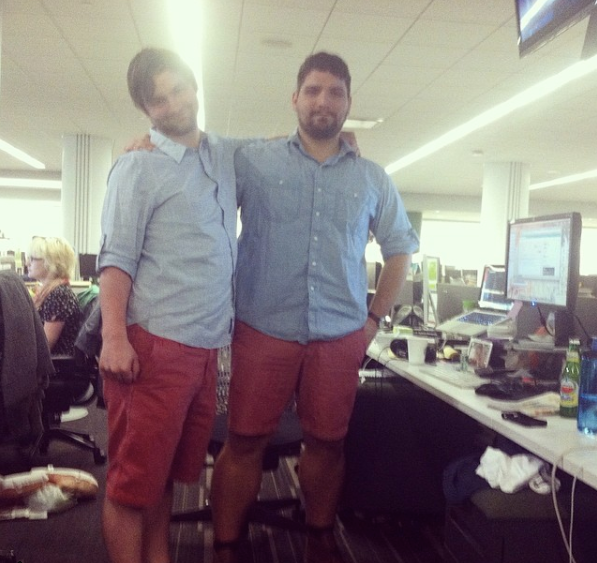 Andy Campbell (left) and Andres Jauregui wear the red shorts and blue shirts that started it all.