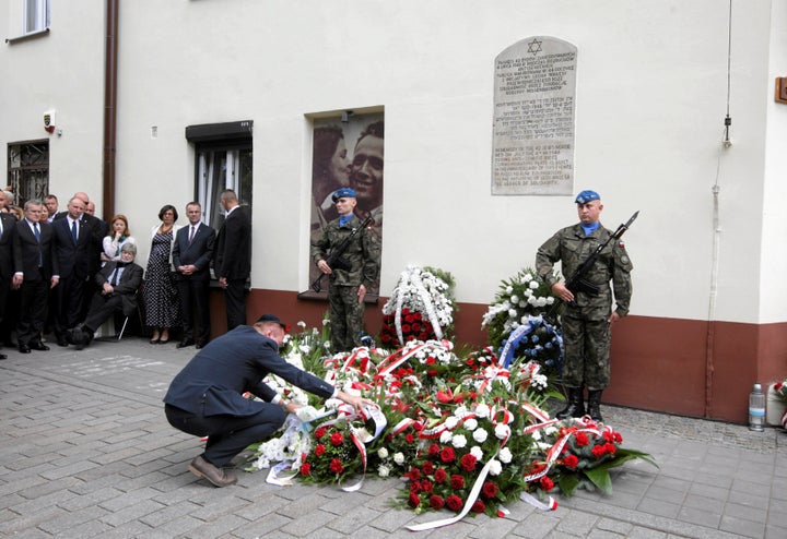 Officials take part in a July 4, 2016, ceremony to remember a 1946 massacre of Jews in Kielce, Poland.