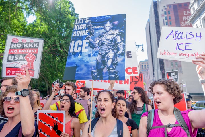 The Democratic Socialists of America march to "Abolish ICE" in New York City on June 29. Mainstream Democrats are increasingly embracing the slogan but often lack a specific policy vision.