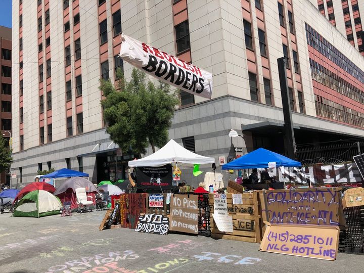 Protesters camped outside ICE offices in San Francisco on Thursday.