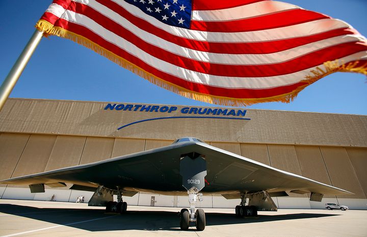 A U.S. Air Force B-2 Spirit Stealth bomber sits at the Northrop Grumman facility in Palmdale, California, in 2014. The contractor faces questions after news outlets publicly identified an employee of one of its plants as an active member of a violent white supremacist group.
