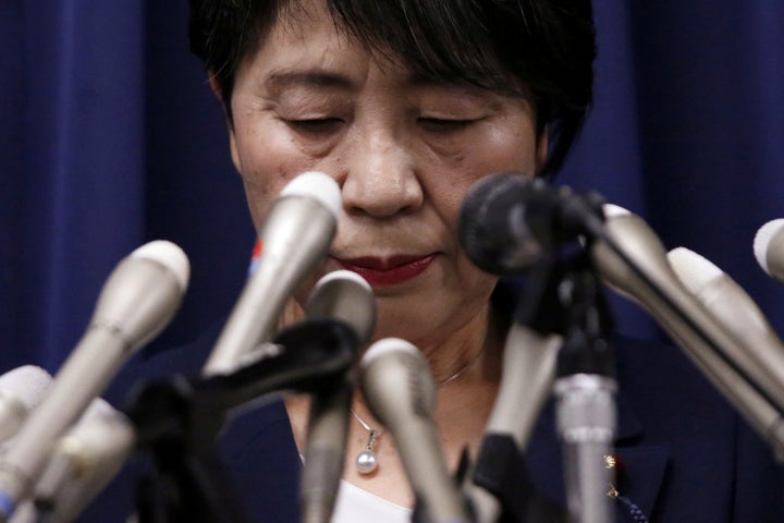 Japan’s Justice Minister Yoko Kamikawa attends a news conference following the execution of several members of the doomsday cult, including its leader Chizuo Matsumoto, also known as Shoko Asahara, in Tokyo on July 6, 2018. 