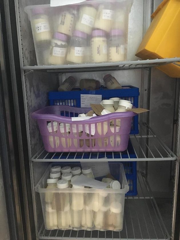 Bottles of milk that have been donated but not yet pasteurised.