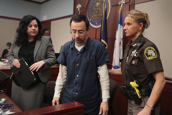 Larry Nassar appears in court during his first sentencing hearing on Jan. 16, 2018, in Lansing, Michigan.