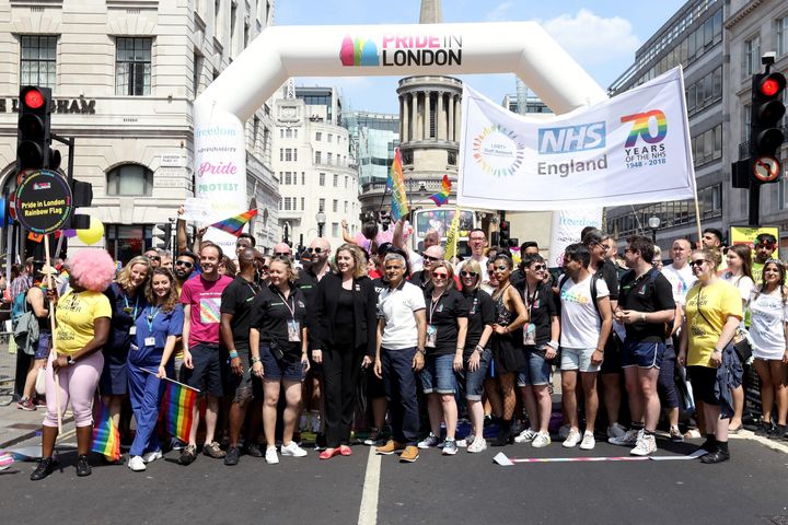Mayor of London Sadiq Khan (C) opens the Pride In London parade on July 7, 2018.