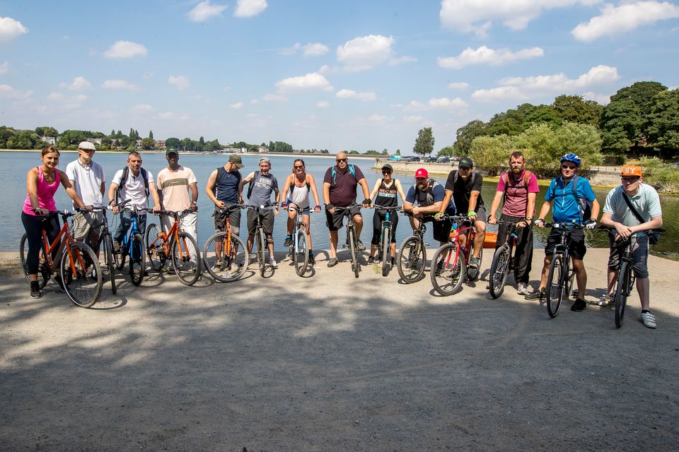 The cycling group with Edgbaston Reservoir in the background. 