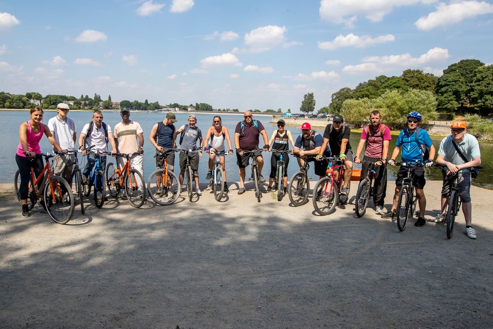 The cycling group with Edgbaston Reservoir in the background. 