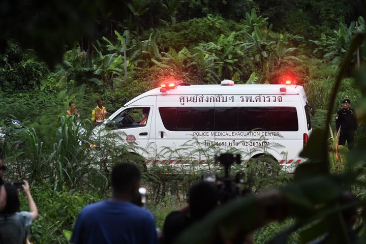 <strong>An ambulance leaves the scene at the cave site </strong>