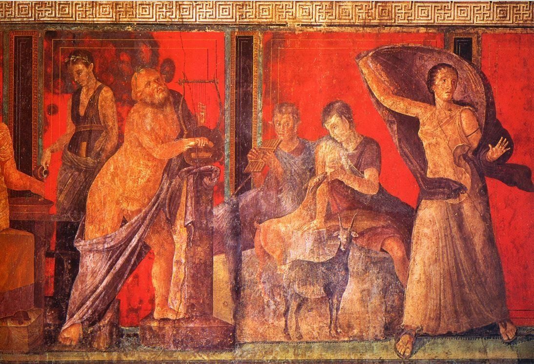 Η αίθουσα των τοιχογραφιών των Μυστηρίων. Απεικονίζεται η γερασμένη μορφή ενός Σειληνού που παίζει λύρα αλλά και γυναικείες μορφές μουσικών και χορεύτριας
