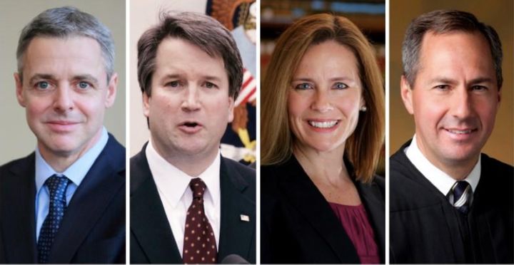 Federal appeals court judges L-R: Raymond Kethledge, Brett Kavanaugh, Amy Coney Barrett, and Thomas Hardiman, being considered by President Donald Trump for the U.S. Supreme Court, are seen in this combination photo from files.
