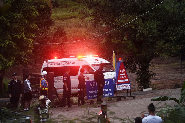 An ambulance leaves the Tham Luang cave area after divers evacuated some of the 12 boys and their coach trapped at the cave in Khun Nam Nang Non Forest Park in the Mae Sai district of Chiang Rai province on July 8.