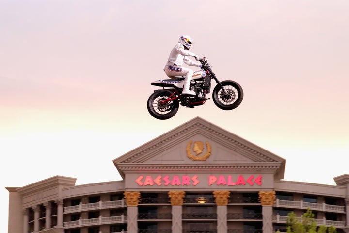 Travis Pastrana jumps the Caesars Palace fountain Sunday in Las Vegas.