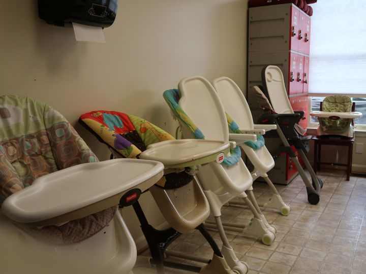 Baby and toddler high chairs are seen at the Bristow facility, in this photo provided by the U.S. Department of Health and Human Services, in Bristow, Virginia. The shelter is one of numerous facilities housing children and youths that are funded by the Office of Refugee Resettlement.