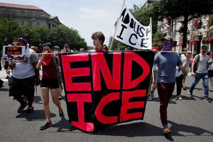 Activists protest the Trump administration’s immigration policies outside the Department of Justice in Washington, June 30. Critics of ICE argue that it’s taking away from the critical work of investigating ruthless criminal organizations. Activists protest the Trump administration’s immigration policies outside the Department of Justice in Washington, June