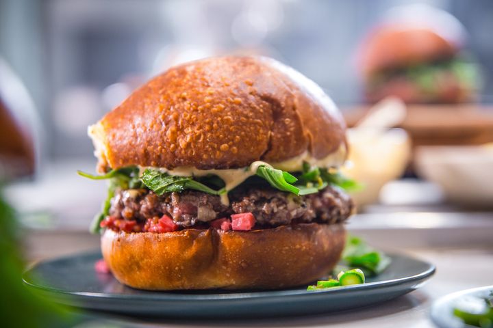 Show off your culinary prowess with Izard’s blended burger, topped with asparagus tapenade and rhubarb mostarda.