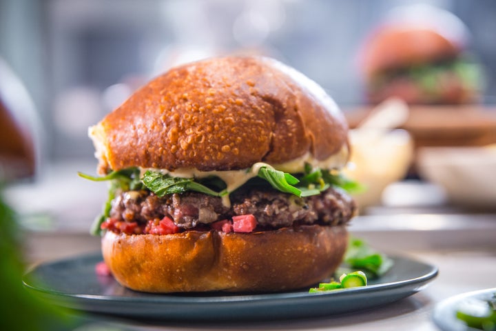 Show off your culinary prowess with Izard’s blended burger, topped with asparagus tapenade and rhubarb mostarda.