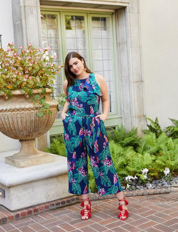 <strong>Sizes</strong>: 12 to 28<br>Get the <a href="https://www.eloquii.com/draper-james-for-eloquii-parrot-print-jumpsuit/1