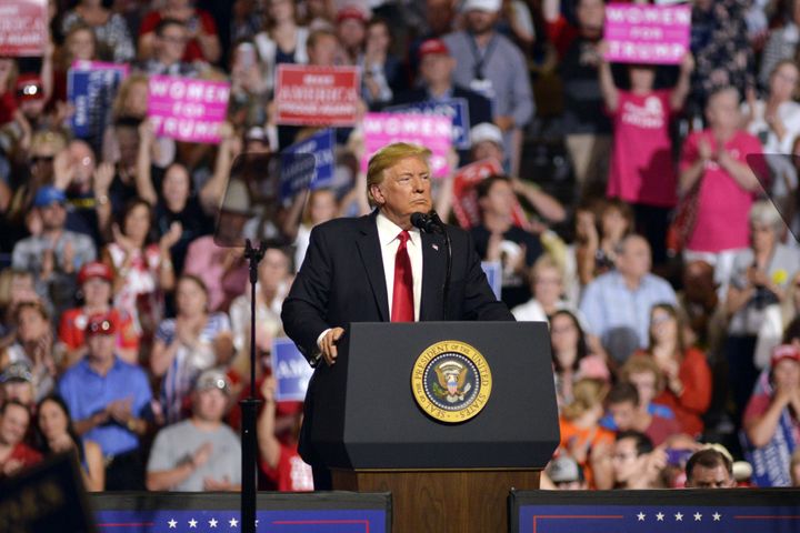 President Donald Trump pauses as he speaks onstage during a rally in Great Falls, Montana, U.S., on Thursday, July 5, 2018