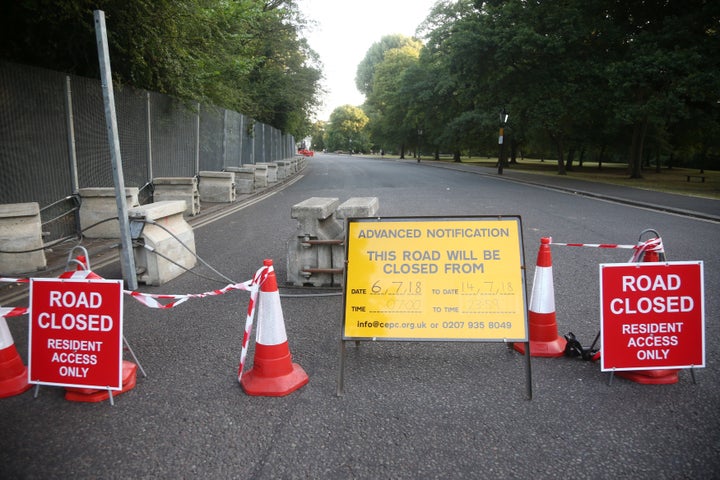 A road is closed as part of security preparations near the U.S. Ambassador's residence Winfield House, in Regent's Park, London, ahead of Trump's visit to the U.K. 