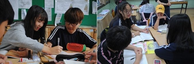 지난 7월2일 덕양중학교 1학년 3반 교실에서 조경애 교사의 ’토론하는 수학’ 수업이 진행됐다. 학생들이 대안 수학 교과서인 '수학의 발견'을 활용해 일차방정식 문제를 함께 풀고 있다.
