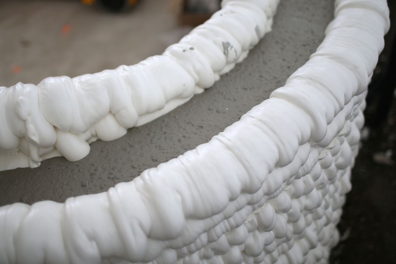Layers of polyrethane and concrete being printed during the construction of a house in Nantes, France. 
