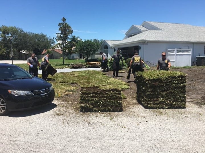 The firefighters who helped Mark Rouco lay down the sod after his brother-in-law's heart attack.