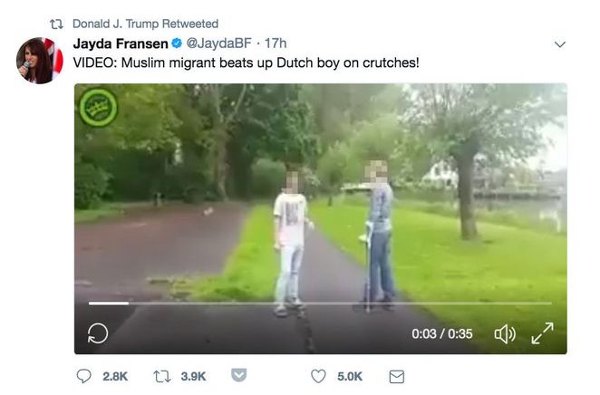 One of the unverified videos re-tweeted by Donald Trump from Britain First Deputy Leader Jayda Fransen, who has since been banned from Twitter.