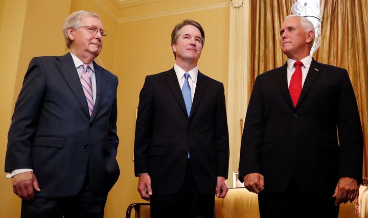 From left to right, Senate Majority Leader Mitch McConnell (R-Ky.), Supreme Court nominee Judge Brett Kavanaugh and Vice President Mike Pence are seen July 10.