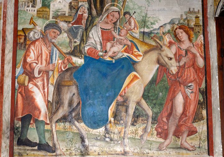 Jesus' flight into Egypt is depicted in a 16th-century fresco by Francesco da Milano, located in a cathedral in the Veneto region of Italy.