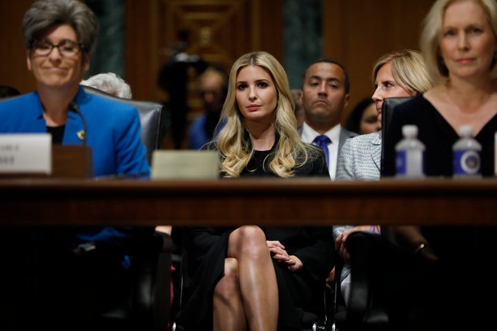 Ivanka Trump seated just behind Sen. Joni Ernst (R-Iowa) and Sen. Kirsten Gillibrand (D-N.Y.) at a hearing on paid leave. The