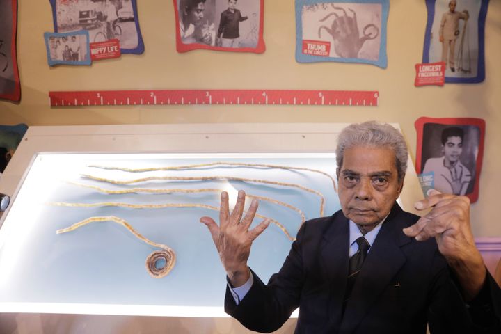Shridhar Chillal of India displays his newly cut fingernails at an announcement that the five fingernails he grew for 66 years will be displayed in Ripley's Believe it or Not in New York.