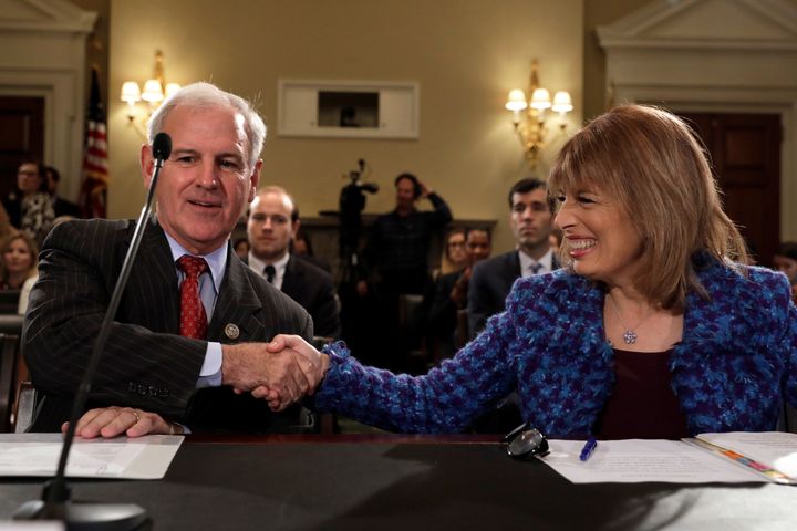 Reps. Bradley Byrne (R-Ala.) and Jackie Speier (D-Calif.), two of the most unlikely allies, shake hands before laying out their bill combating sexual harassment on Capitol Hill.