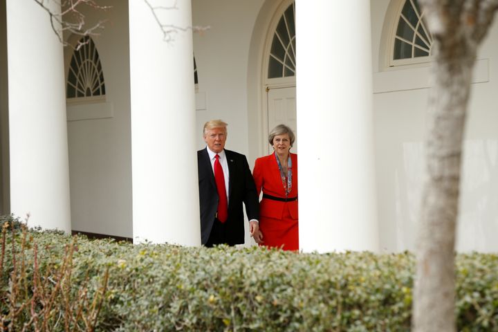 Donald Trump escorts Theresa May after their meeting at the White House in Washington in January, 2017.