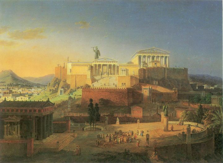 Λέο φον Κλέντσε, «Η Ακρόπολις των Αθηνών και ο Άρειος Πάγος», 1846. Διακρίνεται το τεράστιο χάλκινο άγαλμα της Αθηνάς Προμάχου (περ. 465-450 π.Χ.), έργο του περίφημου γλύπτη Φειδία. Για την εκτέλεση του έργου οι Αθηναίοι διέθεσαν δεκάτη (1/10) από τα λάφυρα της νίκης στο Μαραθώνα. 