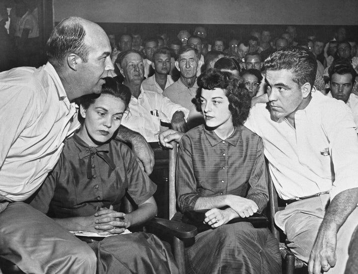 (From left) J.W. Milam; his wife, Juanita Milam; Carolyn Bryant; and Roy Bryant during the men’s murder trial in 1955. They were acquitted by an all-white jury.