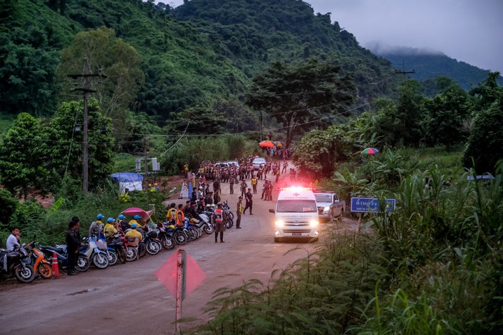 An ambulance carrying one of the soccer players rescued from Tham Luang Nang Non cave in Thailand heads to a hospit