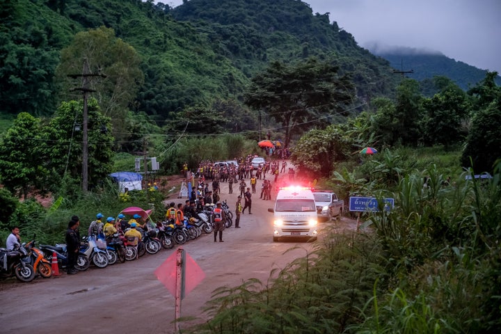 An ambulance carrying one of the soccer players rescued from Tham Luang Nang Non cave in Thailand heads to a hospital on July 8. All 12 boys and their coach were extricated from the cave by July 10.