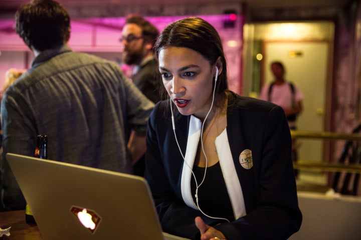 Progressive challenger Alexandria Ocasio-Cortez celebrates at a victory party in the Bronx, New York, after upsetting incumbent Democratic Rep. Joseph Crowley.