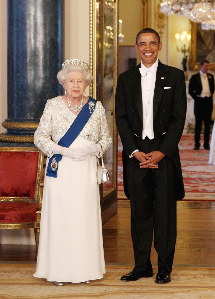 Queen Elizabeth II and the then US President Barack Obama in the Music Room of Buckingham Palace, London in 2011