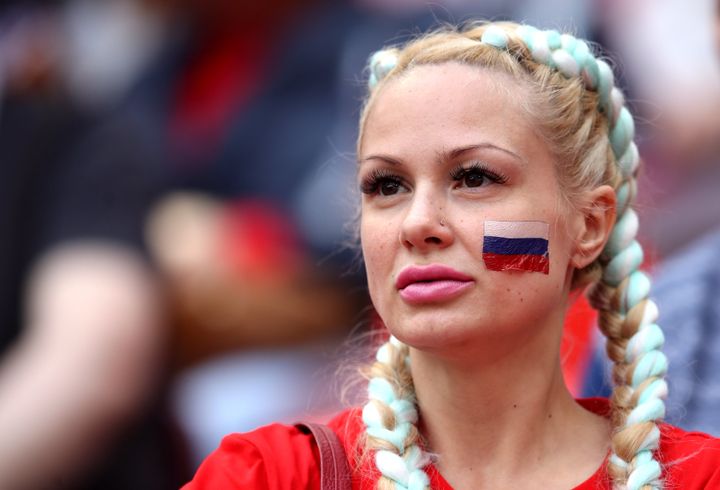 A Russian fan in the stands ahead of a match for the 2018 FIFA World Cup in Moscow.