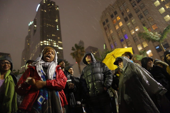 The author, Patrisse Cullors, speaks to people gathered to protest the Los Angeles Police shooting of a homeless man on March 1, 2015 in Los Angeles, California.