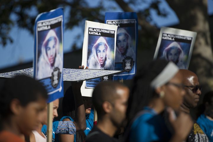 Demonstrators prepare to march to protest the acquittal of George Zimmerman in the killing of Florida teen Trayvon Martin, July 17, 2013 in Beverly Hills, California.