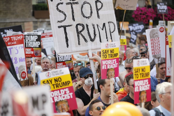 Tens of thousands of protesters marched against Donald Trump's visit to the U.K. and his policies.