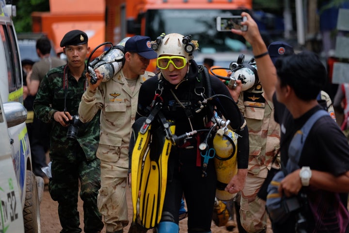 <strong>British cave-diver John Volanthen walks out from the Luang Nang Non Cave in northern Thailand during the rescue mission to free a football team and their coach</strong>