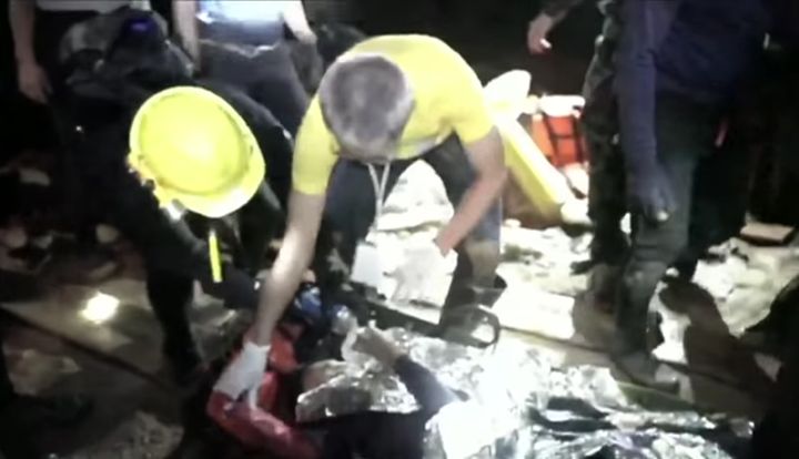 Footage showing one of the young boys being rescued from the caves
