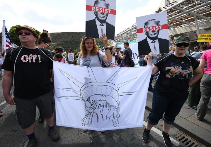 Edinburgh, Scotland, protesters get ready to march against President Donald Trump's visit on July 14, 2018.