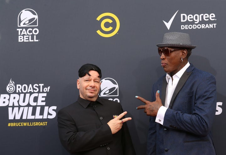 Jeff Ross and Dennis Rodman arrive to the Comedy Central 'Roast of Bruce Willis' held on July 14, 2018 in Los Angeles, California.