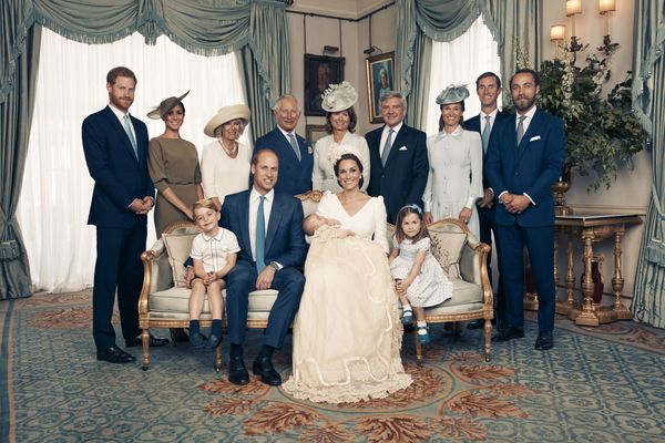  Official photograph taken after the baptism of Prince Louis at Clarence House on July 9, 2017. 